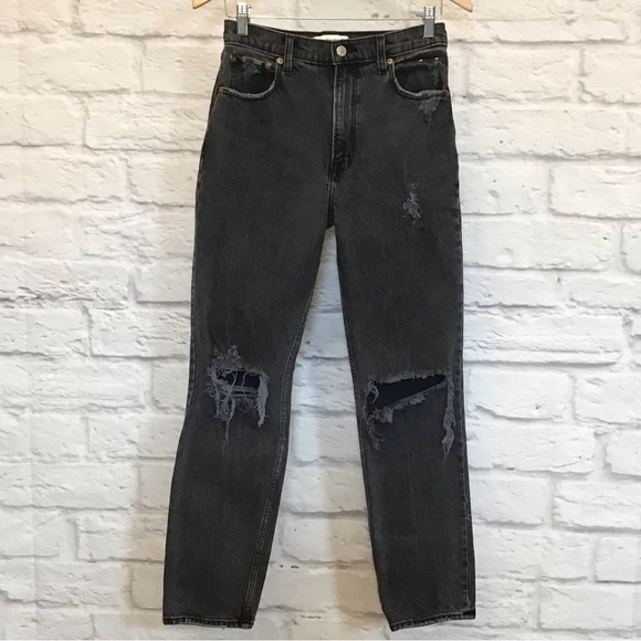 Abercrombie Fitch 4 (27) The 90s Straight High Rise Women’s Jeans Black Distress - Picture 4 of 11